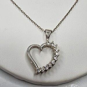 Glass Rhinestone Off-Center Open Heart 925 Pendant & 925 Chain 18.5"L
